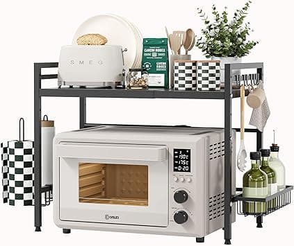 NETEL Expandable Microwave Stand, 2 Tier Microwave oven Rack with 8 Hooks, Height Adjustable Oven Stand for Kitchen, with Metal spice Basket and kitchen roll holder, kitchen shelf organiser Black on Amazon.ae - Price Tracker