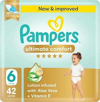 Pampers Ultimate Comfort, Size 6, 13+ kg, Giant Pack, 42 Diapers | Lotion with Aloe Vera + Vitamin E, x1000 Leak Locks for Leakage Protection, Wetness Indicator, Dermatologically Accredited - متتبع أسعار Amazon.sa