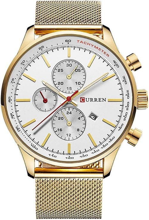 CURREN Watches Mens Luxury Stainless Steel Quartz Watch Men Casual Waterproof Clock date Sport Wristwatch (gold white) على Amazon.ae - متتبع الأسعار