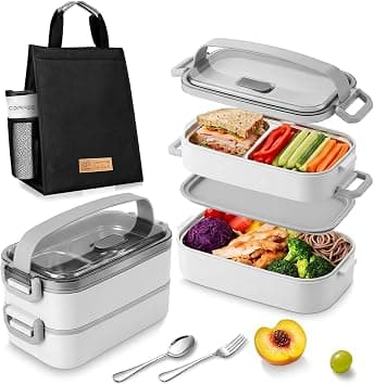Stainless Steel Lunch Box: 1500ml 2 Layers 304 Microwave Safe Leakproof Bento Box - 3 Compartments Stackable Bento Lunch Box for Adults Students Office School Picnic (White, 2 Layers) on Amazon.ae - Price Tracker