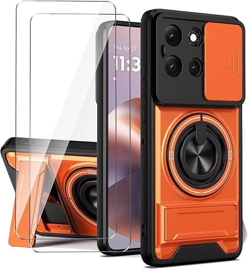 Case for Motorola Moto G77 5G+2 x Screen Protector With Dual-kickstand (360-Degree Rotating Ring Stand, Expanding Stand) and Slide Cap Camera Cover-Orange on Amazon.ae - Price Tracker