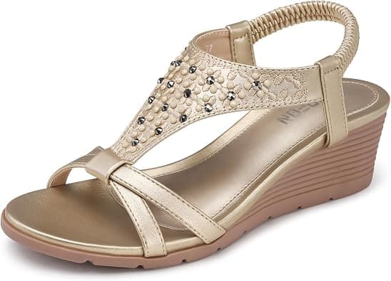TEMOFON Womens Sandals Wedge Low: Summer Open Toe Wedges - Dressy Casual Elastic Ankle Strap Platform - Comfortable Rhinestone Flower Sandals on Amazon.ae - Price Tracker
