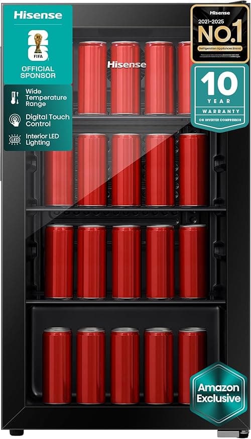 Hisense 122 Liters Chiller Single Door Beverage Cooler, 91L Net Drinks Fridge, 69 Cans/113 Botlles Capacity, Electronic Control & 3 Glass Shelves, Black(Amazon Exclusive) on Amazon.ae - Price Tracker