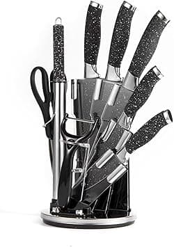 Cuisine Art 9-Piece Professional Kitchen Knife Set with Revolving Stand – Includes Chef, Cleaver, Slicing, Utility, Fruit Knives, Scissors, Sharpening Rod and Potato Peeler - Black on Amazon.ae - Price Tracker