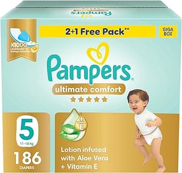 Pampers Ultimate Comfort Taped Diapers, Size 5, 11-16kg, Lotion infused with Aloe Vera and Vitamin E, x1000 Leak Locks Technology for Leakage Protection, Giga Box, 186 Count - Amazon.ae Price Tracker