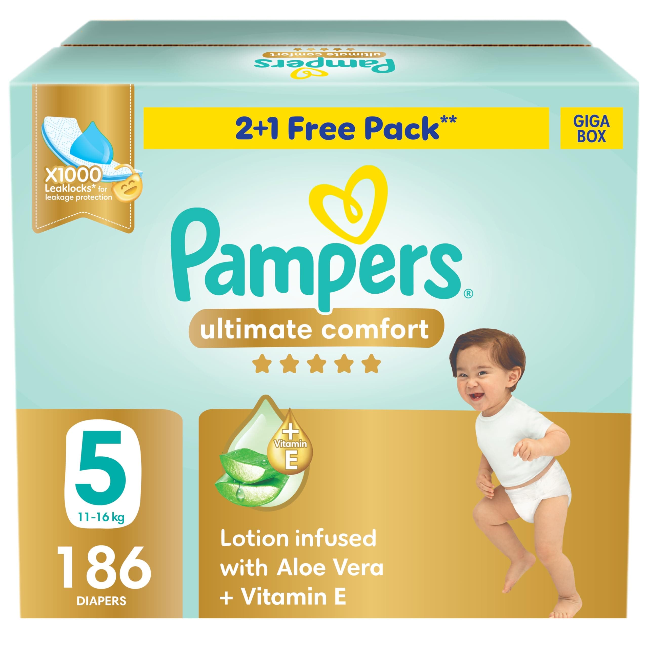 Pampers Ultimate Comfort Taped Diapers, Size 5, 11-16kg, Lotion infused with Aloe Vera and Vitamin E, x1000 Leak Locks Technology for Leakage Protection, Giga Box, 186 Count on Amazon.ae - Price Tracker