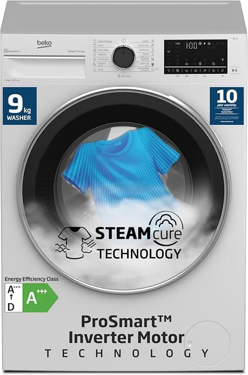 Beko 9kg Front Load Washing Machine, 1400 RPM, 15 Programme, White Colour, SteamTherapy,Quick wash 14 min,Daily Xpress(full load)28 min,low noise, 10 yrs warranty on Prosmart inverter motor, WTV9314XW على Amazon.ae - متتبع الأسعار