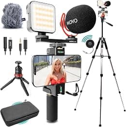 Movo iVlogger-PRO Vlogging Kit with Full Tripod for iPhone/Android - USB-C/Lightning YouTube Starter Kit for Content Creators - Accessories: Phone Tripod, Phone Mount, RGB Light and VXR10 Shotgun Mic - Best Deal Finder
