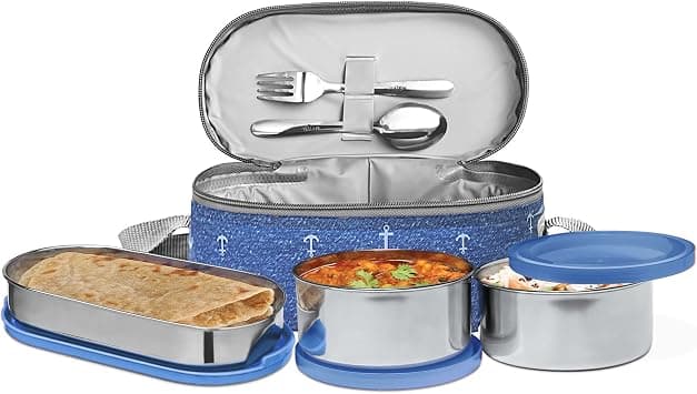 MILTON 6-Piece Lunch Box Set with Insulated Bag & Cutlery - Includes Containers (472ml, 2pcs of 280ml), Keeps Food Hot, 304 Stainless Steel, Ideal for Office & School Tiffin - Corporate - Blue على Amazon.ae - متتبع الأسعار