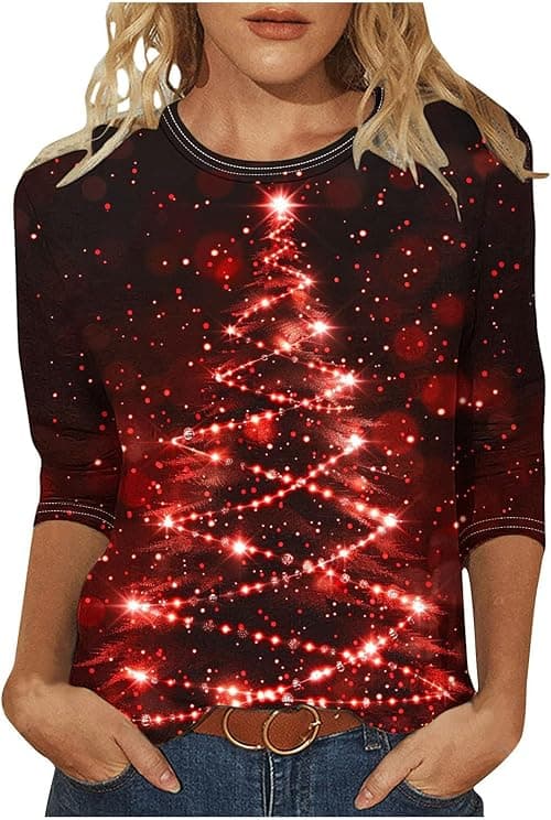 Christmas T Shirts Women Plus Size 3/4 Sleeve Tops Crew Neck T Shirt Novelty Xmas Jumpers Christmas Tree T Shirt Funny Ugly Tops Ladies Xmas T Shirts Dressy Tunics Tops Pullover Blouse on Amazon.ae - Price Tracker