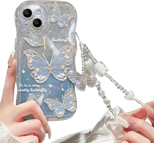 for iPhone 15 Case with Bracelets, Cute Butterfly Glitter Bling Cover with Strap Wrist Sparkle Shockproof Phone Case for iPhone 15 Women Girls (Blue, 15) على Amazon.ae - متتبع الأسعار