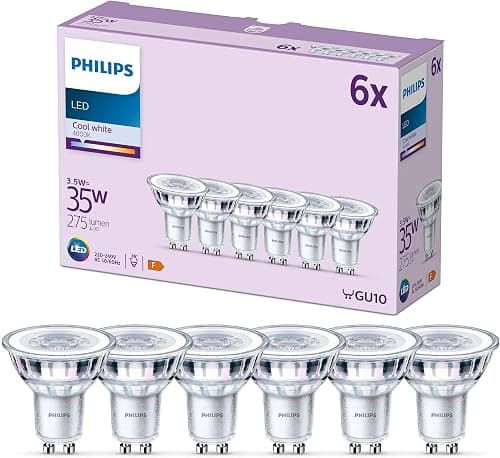 فيليبس مصباح سبوت كلاسيكي LED 6 عبوات [ابيض بارد 4000 كلفن - GU10] 35 واط، غير قابل للتعتيم، للاضاءة الداخلية المنزلية على Amazon.sa - متتبع الأسعار