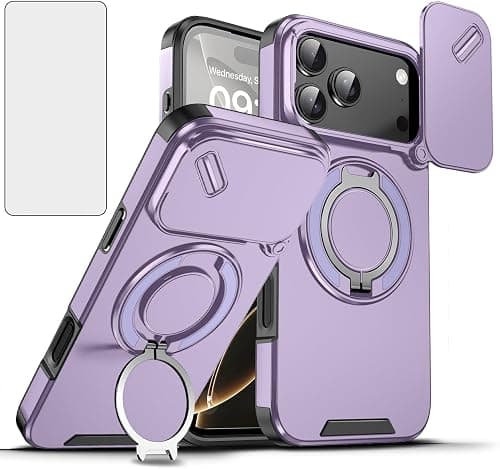 Asuwish Phone Case for iPhone 17 Pro Max 6.9 inch Tempered Glass Screen Protector and Slide Camera Cover Magnetic Ring Holder Kickstand Hybrid Slim i Phone17 17Pro i17 ProMax 17ProMax Women Men Purple على Amazon.ae - متتبع الأسعار