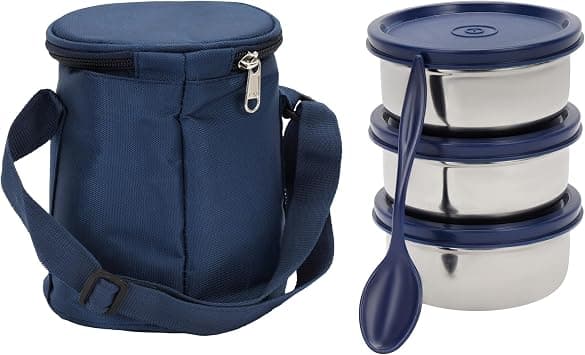 Royalford 3pcs Stainless Steel Lunch Box with Carry Bag RF13042 Insulated Construction 350ml each BPA-Free, Airtight Silicone Lids to Keep Food Fresh Spoon Included على Amazon.ae - متتبع الأسعار