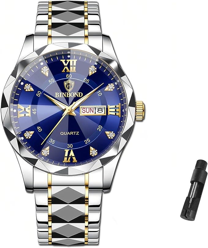 Luxury Business Wrist Watch for Men, Waterproof Stainless Steel Diamond Quartz with Luminous Analog &amp; Roman Numeral, Gold and Silver Tone Business Dress Watch with Day-Date Calendar on Amazon.ae - Price Tracker