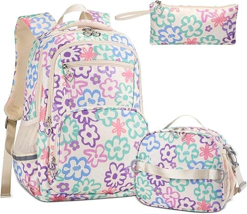 Rexmore 3Pcs Girls Backpack Set with Lunch Box & Pencil Case, Flower Print Kids Backpack for Elementary&Middle School Camping on Amazon.ae - Price Tracker
