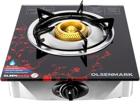 Olsenmark Single Burner Gas Cooker - OMK2226 | Stylish Glass Top LPG Stove | Auto Ignition | Brass Burner | Enamel Grate | Stainless-Steel Drip Pan | Compact & Energy Efficient | Black on Amazon.ae - Price Tracker