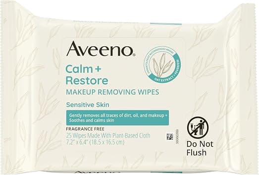 Aveeno Calm + Restore Nourishing Makeup Remover Face Wipes, Fragrance Free Facial Cleansing Towelettes with Oat Extract & Calming Feverfew, Alcohol Free, 100% Plant-Based Cloth, 25 ct - Best Deal Finder