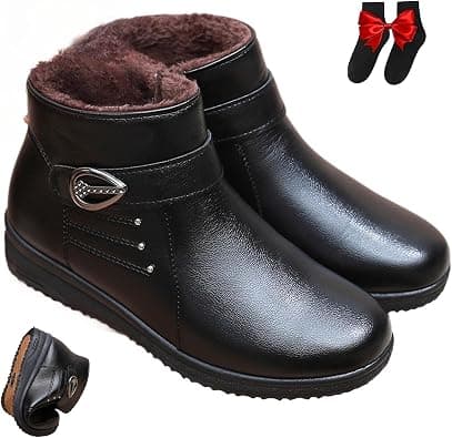 Women's Warm Soft-Sole Non-Slip Genuine Leather Boots, New Fleece Thickened Warm Snow Boots, Wide Fit Waterproof Leather Non Slip Boot,Mama Cotton Leather Shoes with Zipper على Amazon.ae - متتبع الأسعار