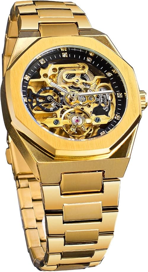 FORSINING Automatic Watch Mechanical Wrist Watch for Men Octagonal Waterproof Skeleton Watches Luxury Diamond Tourbillon Silver Stainless Steel Band on Amazon.ae - Price Tracker