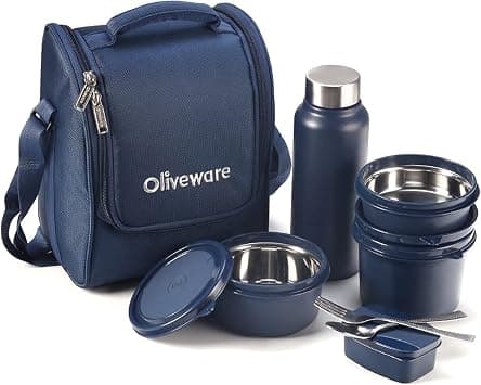 SOPL-OLIVEWARE Teso Pro Lunch Box with Cutlery 3 Microwave Safe Inside Containers with BPA Free Lids(290ml, 450ml & 600ml), Plastic Pickle Box(130ml), Steel Water Bottle(750ml) - Blue on Amazon.ae - Price Tracker