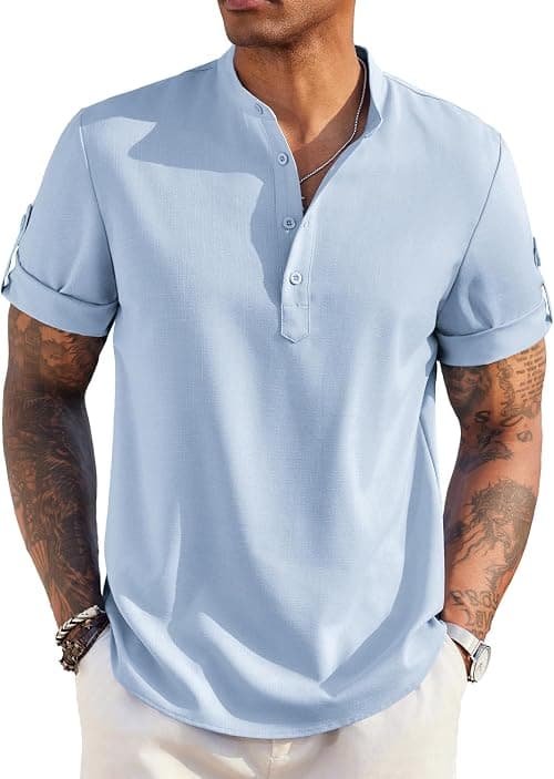 COOFANDY Men's Casual Henley Shirt Short Sleeve Band Collar Linen Shirt Summer Beach Hippie T-Shirts on Amazon.ae - Price Tracker