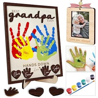 10" Hands Down Best Grandpa Ever DIY Handprint Kids Frame with Paints, Car Picture Holder, Photo Ornament, Fridge Magnet, Art Craft Family Keepsake Birthday Father's Day Gift for Pops, Papa HF610 - Best Deal Finder