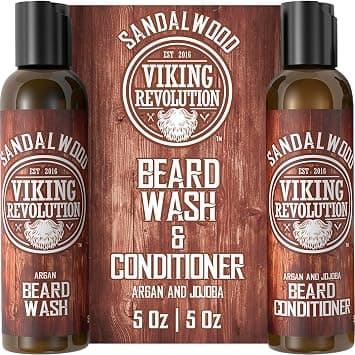 Viking Revolution Beard Wash & Beard Conditioner Set w/Argan & Jojoba Oils - Softens & Strengthens - Natural Sandalwood Scent - Beard Shampoo w/Beard Oil (5oz) - Best Deal Finder