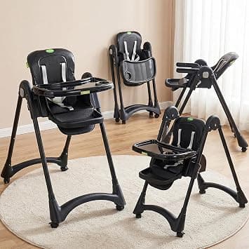 BAYBEE High Chair for Baby 6 to 18 Months | Adjustable Baby Feeding Chair with Reclining Backrest, Foldable Design, Double Tray, Footrest, Safety Harness & Wheels (Black) on Amazon.ae - Price Tracker