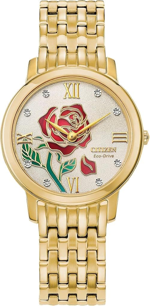 Citizen Eco-Drive Ladies' Disney Princess Belle "Like a Rose, I Stand Tall" Gold Tone Watch, Diamond Markers, Sapphire Crystal, 30mm (Model: EX1492-59W) on Amazon.ae - Price Tracker