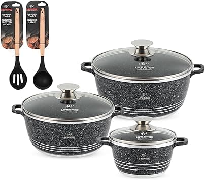 Pots Set 8 pieces - LIFE SMILE Kitchen Cookware set , Granite Non Stick Coating, Die Cast aluminum 100% PFOA FREE include Casseroles & Silicone Utensils (Black (16/20/24CM)) on Amazon.ae - Price Tracker