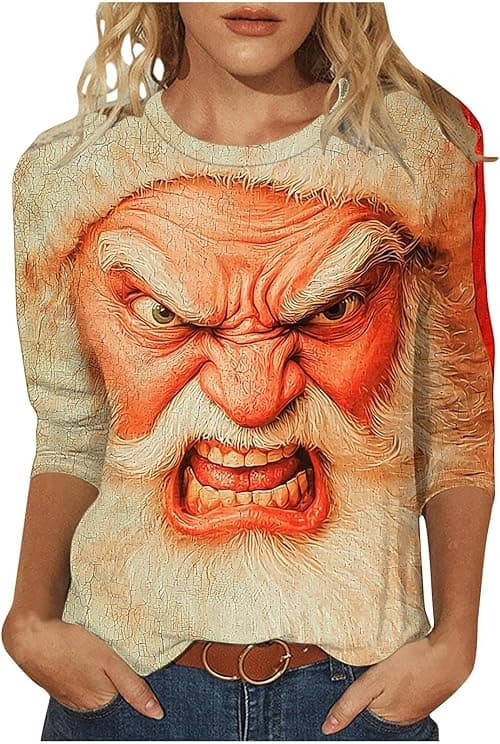 Christmas T-Shirts Women Ugly Xmas Jumper Plus Size 3/4 Sleeve Tops Round Neck Blouses Funny Graphic Reindeer Santa Xmas Jumper Cute Christmas Casual Tunic Top Oversized Gym T Shirts on Amazon.ae - Price Tracker