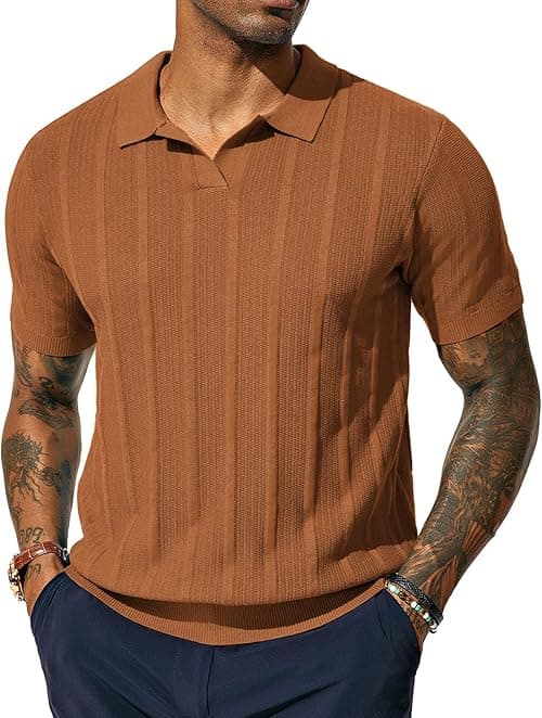 PJ PAUL JONES Mens Polo Shirts Textured Knit V-Neck Summer Shirts on Amazon.ae - Price Tracker