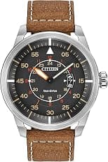 Citizen Men's Eco-Drive Weekender Avion Field Watch in Stainless Steel with Brown Leather strap, Grey Dial, 45mm (Model: AW1361-10H), Brown, Casual - Best Deal Finder