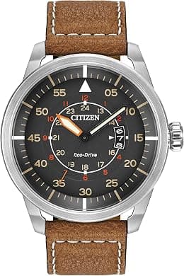 Citizen Men's Eco-Drive Weekender Avion Field Watch in Stainless Steel with Brown Leather strap, Grey Dial, 45mm (Model: AW1361-10H), Brown, Casual - Best Deal Finder