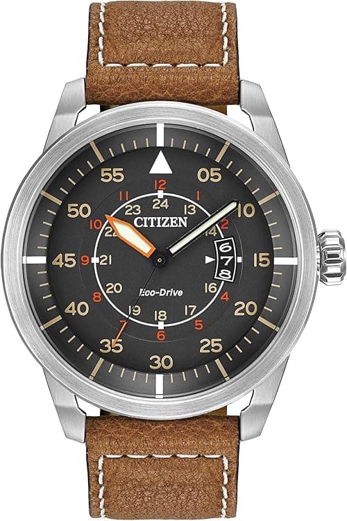 Citizen Men's Eco-Drive Weekender Avion Field Watch in Stainless Steel with Brown Leather strap, Grey Dial, 45mm (Model: AW1361-10H), Brown, Casual on Amazon.ae - Price Tracker