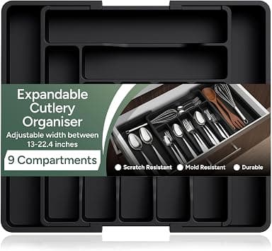 Zuvo Expandable Large Plastic Cutlery Drawer Organiser - Black Cutlery Tray for Kitchen Utensils Set - Perfect for Plastic Storage Drawers, Large Cutlery Drawer Organiser on Amazon.ae - Price Tracker