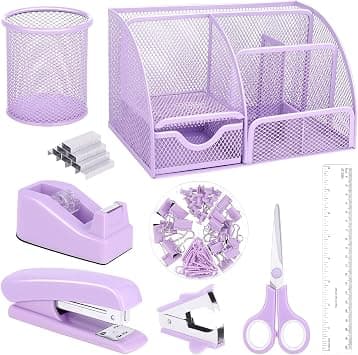 auroray Purple Mesh Desk Organizer and Accessories, Purple Office Supplies 7 Compartments Desk Organizer with Stapler,Tape Dispenser,1000 Staples,Pen Holder,Staple Remover,Clips,Ruler,Scissors على Amazon.ae - متتبع الأسعار