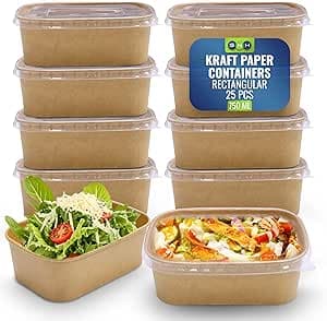 Disposable 25-Pack Kraft Paper Containers 750 ml with Lid, Rectangular Disposable Bowls, Sturdy Food Salad Containers, Eco-Friendly Takeaway Lunch Boxes, Microwave Safe, Heavy Duty Meal Prep Box on Amazon.ae - Price Tracker