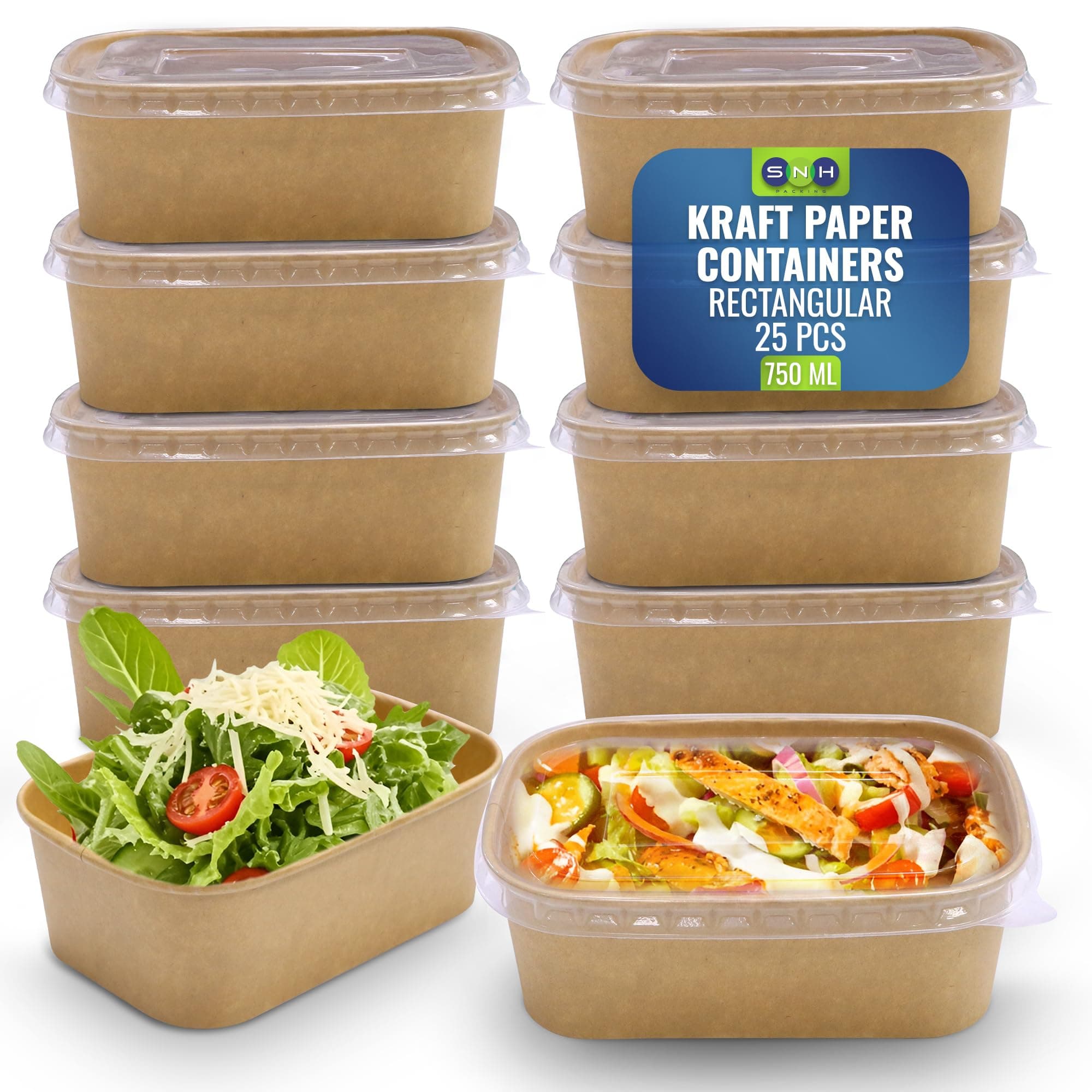 Disposable 25-Pack Kraft Paper Containers 750 ml with Lid, Rectangular Disposable Bowls, Sturdy Food Salad Containers, Eco-Friendly Takeaway Lunch Boxes, Microwave Safe, Heavy Duty Meal Prep Box on Amazon.ae - Price Tracker