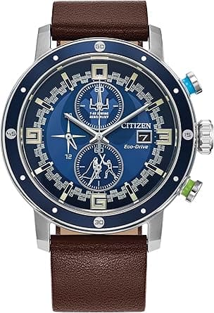 Citizen Men's Eco-Drive Star Wars Luke Skywalker Chronograph Stainless Steel Watch with Brown Leather Strap, Blue Bezel, 44mm (Model: CA0768-07W), Silver-Tone, Chronograph on Amazon.ae - Price Tracker