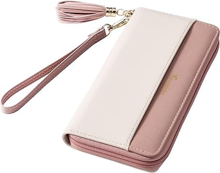 Travelambo Womens Wallet Tassel Bifold Ladies Cluth Wristlet Wrist strap Long Purse, Beige & Pink on Amazon.ae - Price Tracker