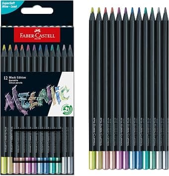 Faber-Castell Black Edition Metallic Colored Pencils: 12 Count, Black Wood and Super Soft Core Lead Colored Pencil Set, Metallic Colored Pencils, Coloring Pencils for Kids, Beginners, and Artists - متتبع أسعار Amazon.sa