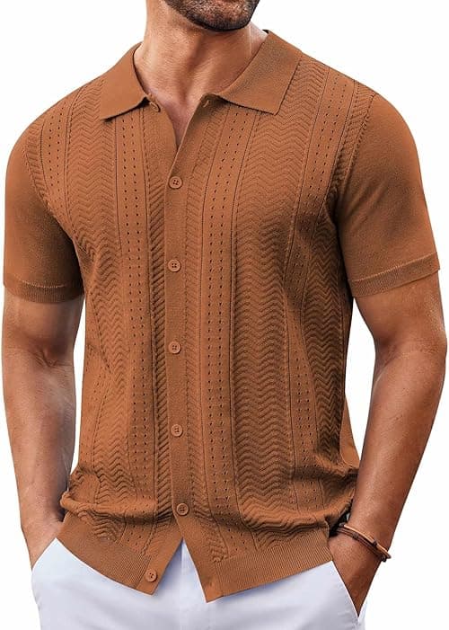 COOFANDY Mens Knit Button Down Shirt Short Sleeve Summer Casual Shirts Vintage Beach Vacation Shirts on Amazon.ae - Price Tracker