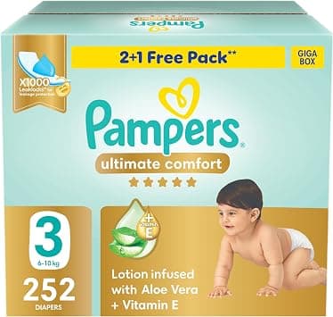 Pampers Ultimate Comfort Taped Diapers, Size 3, 6-10kg, Lotion infused with Aloe Vera and Vitamin E, x1000 Leak Locks Technology for Leakage Protection, Giga Box, 252 Count on Amazon.ae - Price Tracker