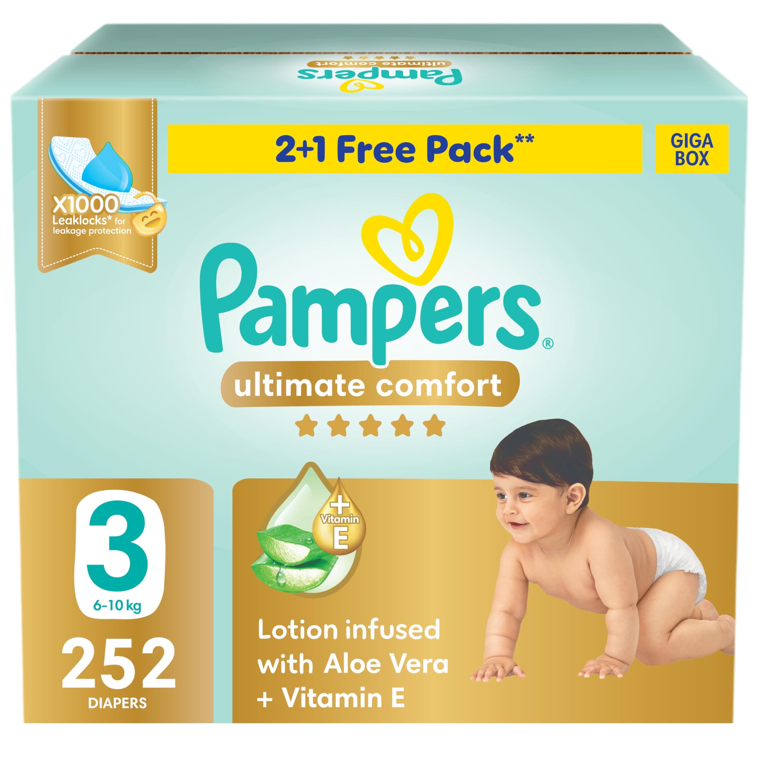 Pampers Ultimate Comfort Taped Diapers, Size 3, 6-10kg, Lotion infused with Aloe Vera and Vitamin E, x1000 Leak Locks Technology for Leakage Protection, Giga Box, 252 Count on Amazon.ae - Price Tracker