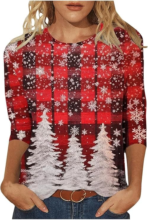 Womens Christmas Tops Funny Xmas Tops Plus Size 3/4 Sleeve Round Neck Blouses Xmas Tree Snowflake Santa Printed Funny Ugly Christmas Jumper Loose Blouse Oversized T Shirts Sweatshirt on Amazon.ae - Price Tracker