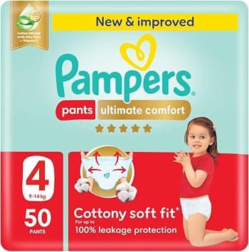 Pampers Ultimate Comfort, Size 4, 9-14 kg, Super Saving Pack, 50 Diaper Pants | Our Best Comfort, So Soft Feels like Wearing Nothing, Easy On & Off, Up to 100% Leak Protection, Vitamin E & Aloe Vera Lotion - متتبع أسعار Amazon.sa