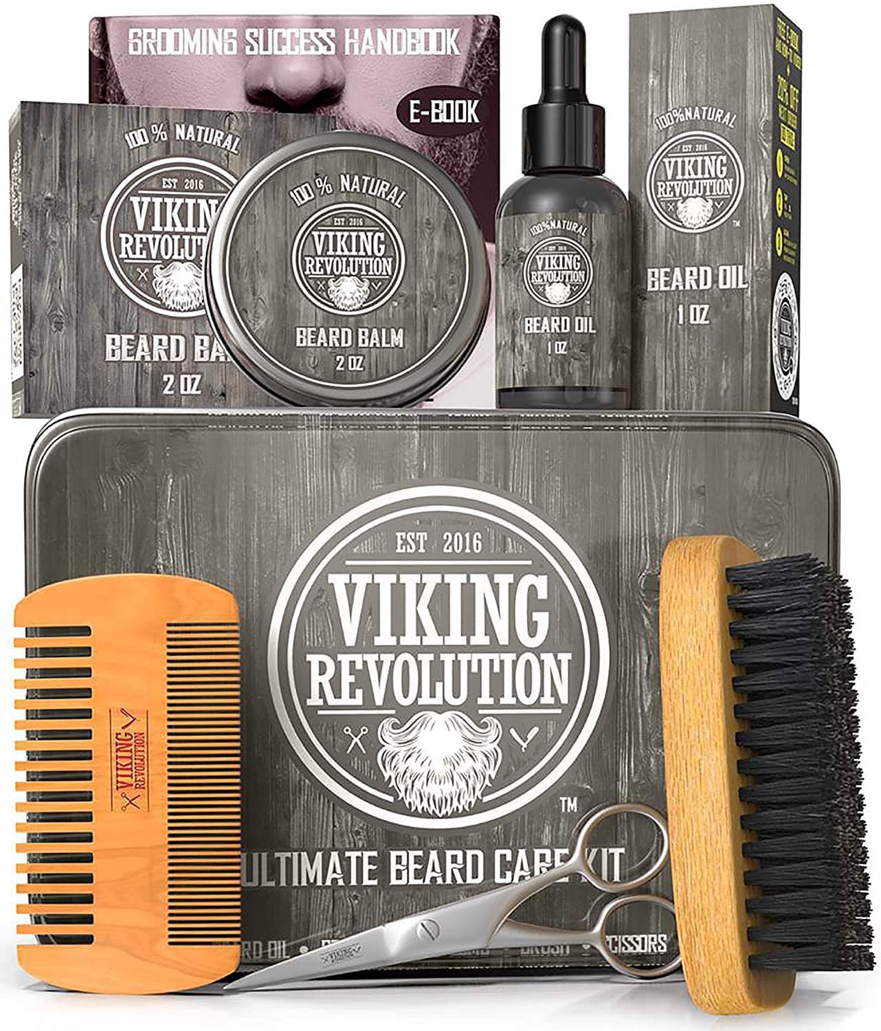 Viking Revolution Beard Grooming Kit for Men- Ultimate Beard Kit Includes 100% Beard Brush, Beard Comb, Citrus Beard Balm, Unscented Beard Oil, Beard & Mustache Scissors on Amazon.ae - Price Tracker