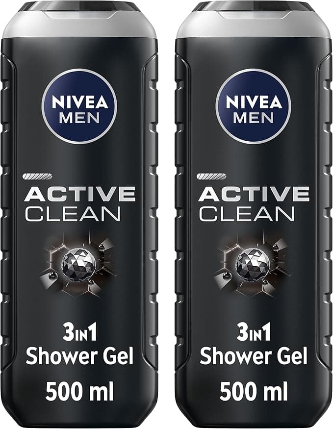 NIVEA MEN Active Clean 3in1 Shower Gel, Cleans Body, Face and Hair, with Active Charcoal, for Purified and Stimulating Skin, for All Skin Types, 2x500ml, Pack of 2 on Amazon.ae - Price Tracker